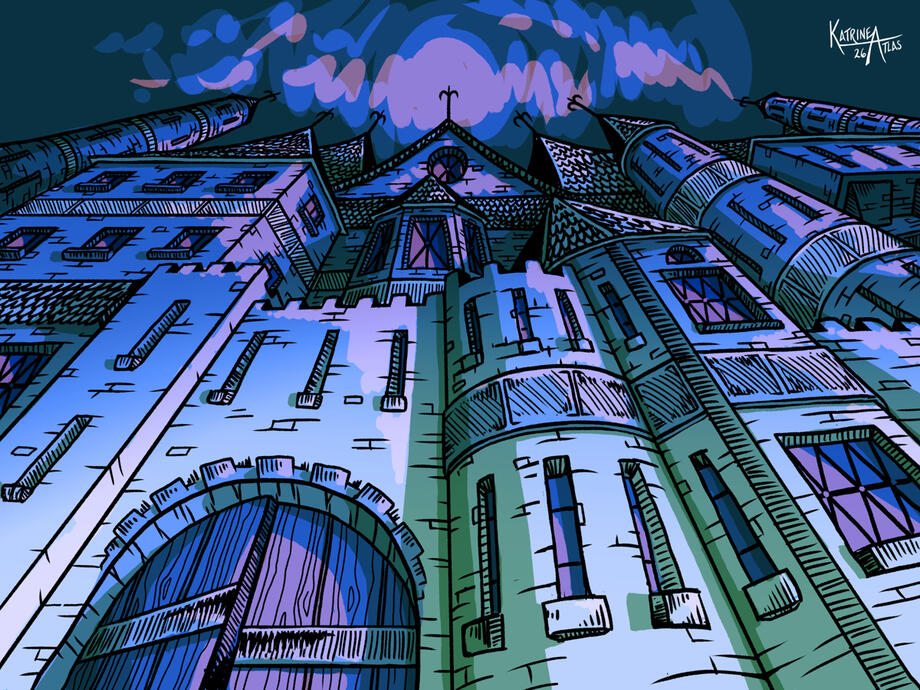 A looming structure with dozens of towers and rampart walls, rendered in shades of blue and green. The perspective is low, as if peering up at the high rooftops.