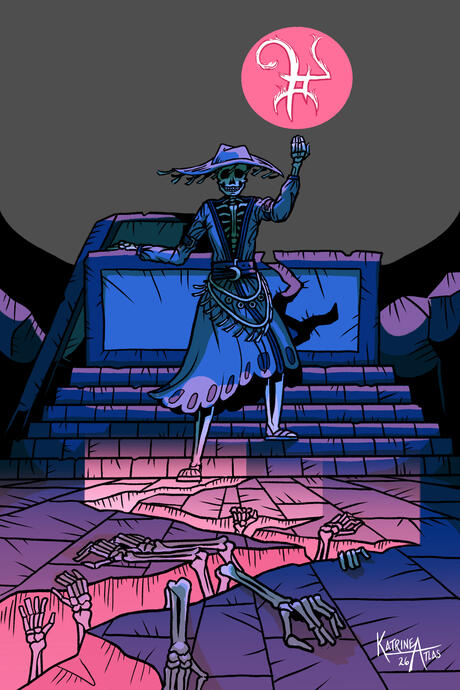 A skeleton in robes and jangly jewelry holds a fiery rune aloft. The ground below is cracked, allowing pink light to spill upward; skeletal hands reach from the crack to the surface. An open tomb fills the shadowy background.