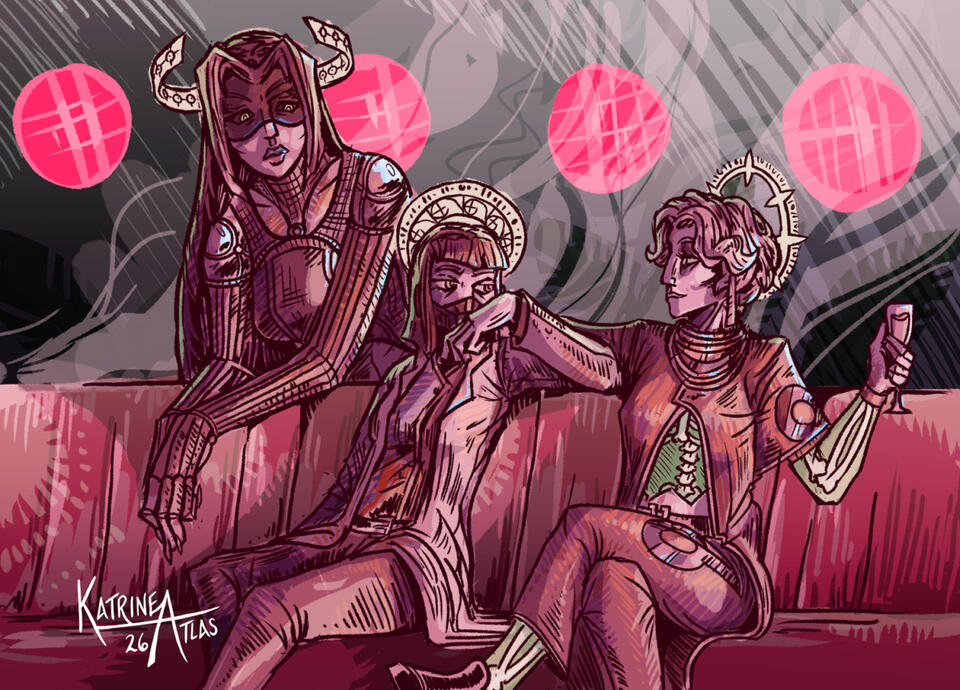 Three figures sitting in a smoky lounge, rendered in shades of red, pink, and salmon. They wear sci-fi attire and have floating halos behind their heads. The room is lit by bright pink floodlights from behind.