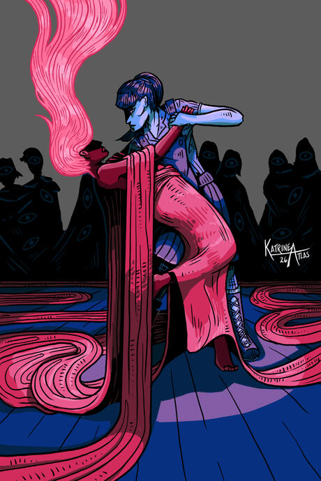 A woman in long gloves and a butcher's bib dances with a mysterious woman in an absurdly long red dress. The red woman's hair is bright pink and floats directly upward, as if underwater. Shadowy figures watch the dance in the background.