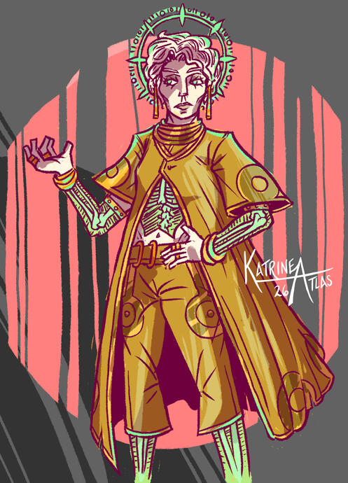 A woman in a long gold coat with wide cut-off sleeves. Her arms, stomach, and legs are transparent, with glowing green bones visible within. Her skin and hair are pale white. Abstract shapes fill the background in gray and pink.