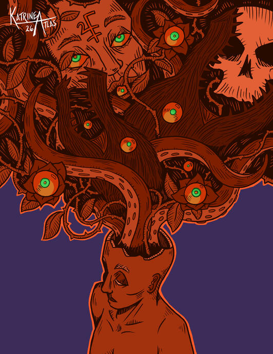 At the bottom of the frame, the top half of a bald human figure is visible. Their cranium is broken open gorelessly: tendrils and thorny vines and fanged heads pour out from the opening, filling the top half of the frame. Mixed in the chaos is a skull and