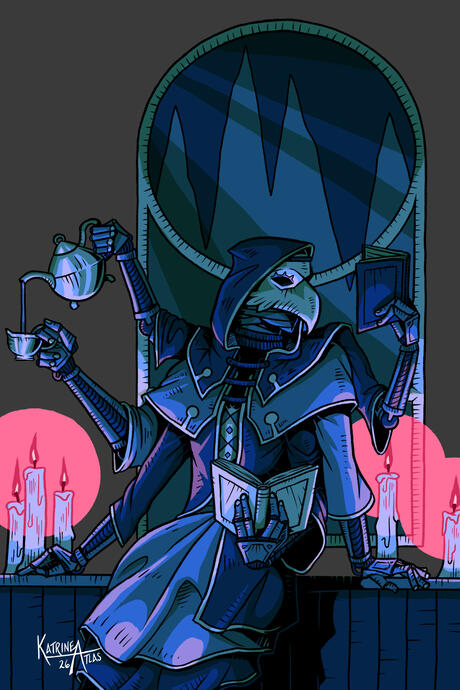 A robed figure with six mechanical arms and a hawk mask sits on a table, illuminated by candles. Her arms simultaneously pour tea into a teacup and hold two books aloft.