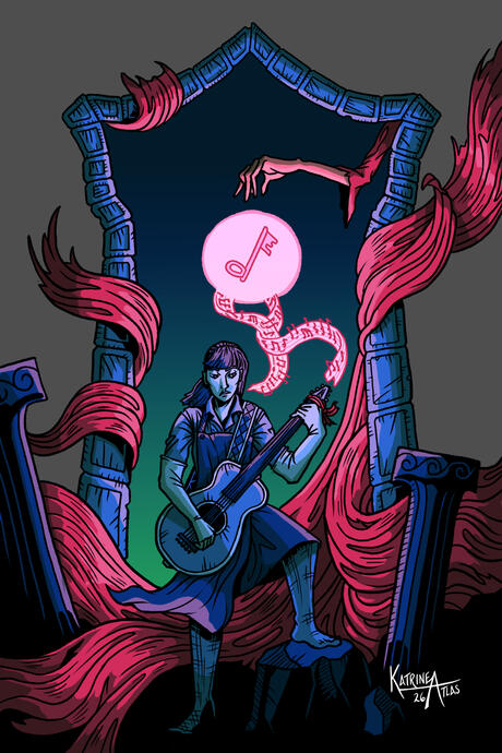 A woman in long gloves and a butcher's bib plays the guitar in front of a stone archway. Glowing pink music hangs in the air, forming a key. The archway is lit from within, and a creature looms: tendrils of long red cloth and a slender hand reaching for th